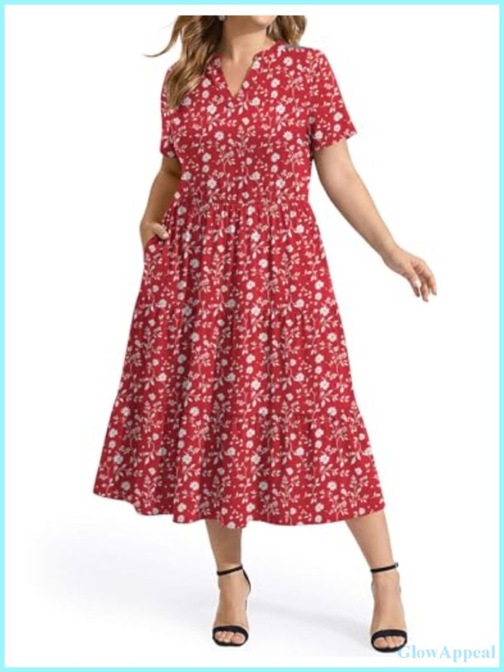 Plus Size V-Neck Tiered A-Line Midi Dress with Pockets